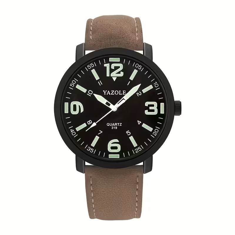 Military Style Watch Luminous Glow Dial Quartz Analog Black Dial, Brown Strap