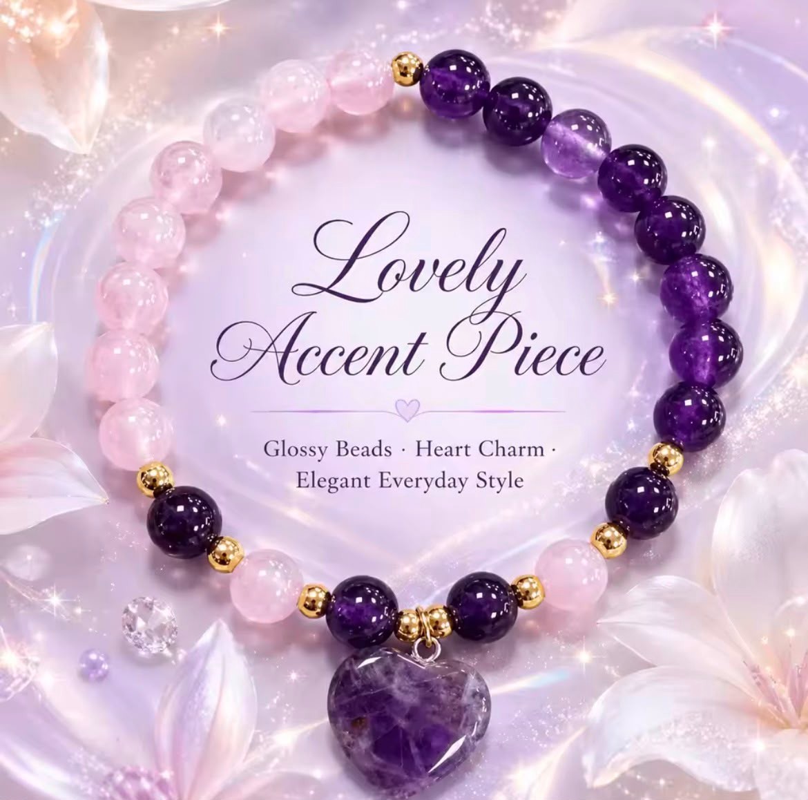 Purple Pink Amethyst Rose Quartz Heart Charm Stretch Bracelet Gold Women