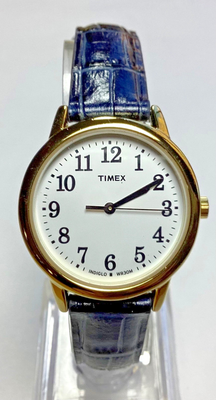 Timex Indiglo Womens Watch Gold White Navy Leather Band WR 30M New Battery