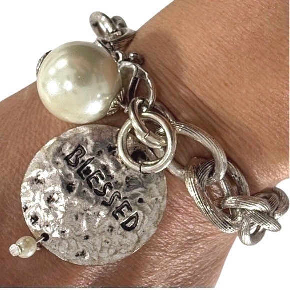 Atelier Charm Bracelet 8 Inch Silver Tone Blessed Disc Faux Pearl Jewelry