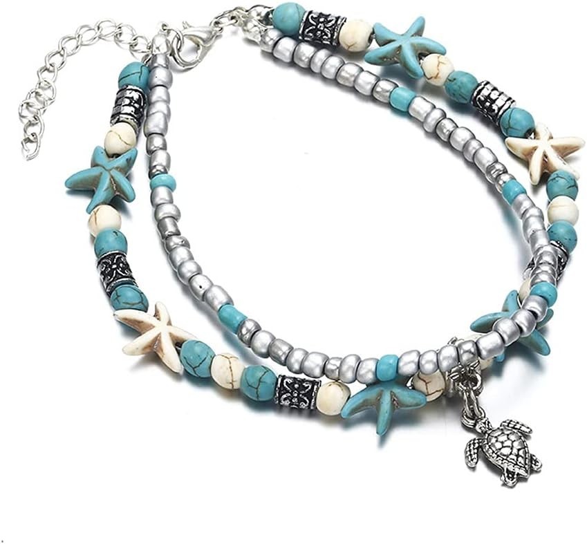 Blue Starfish Turtle Anklet Multilayer Charm Beads Sea Handmade Boho Anklet F…