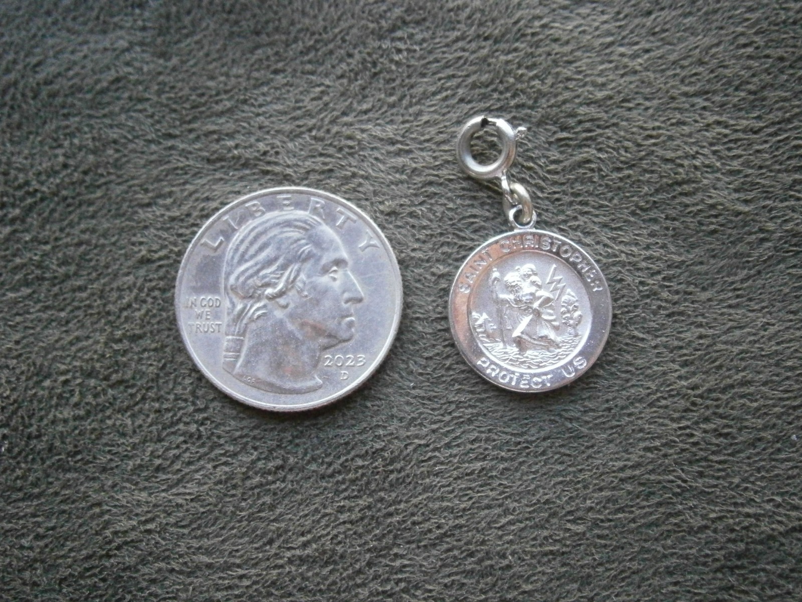 Monet St Christopher Protect Us Vintage Shiny Silvertone Clip Charm Pendant 3.0g