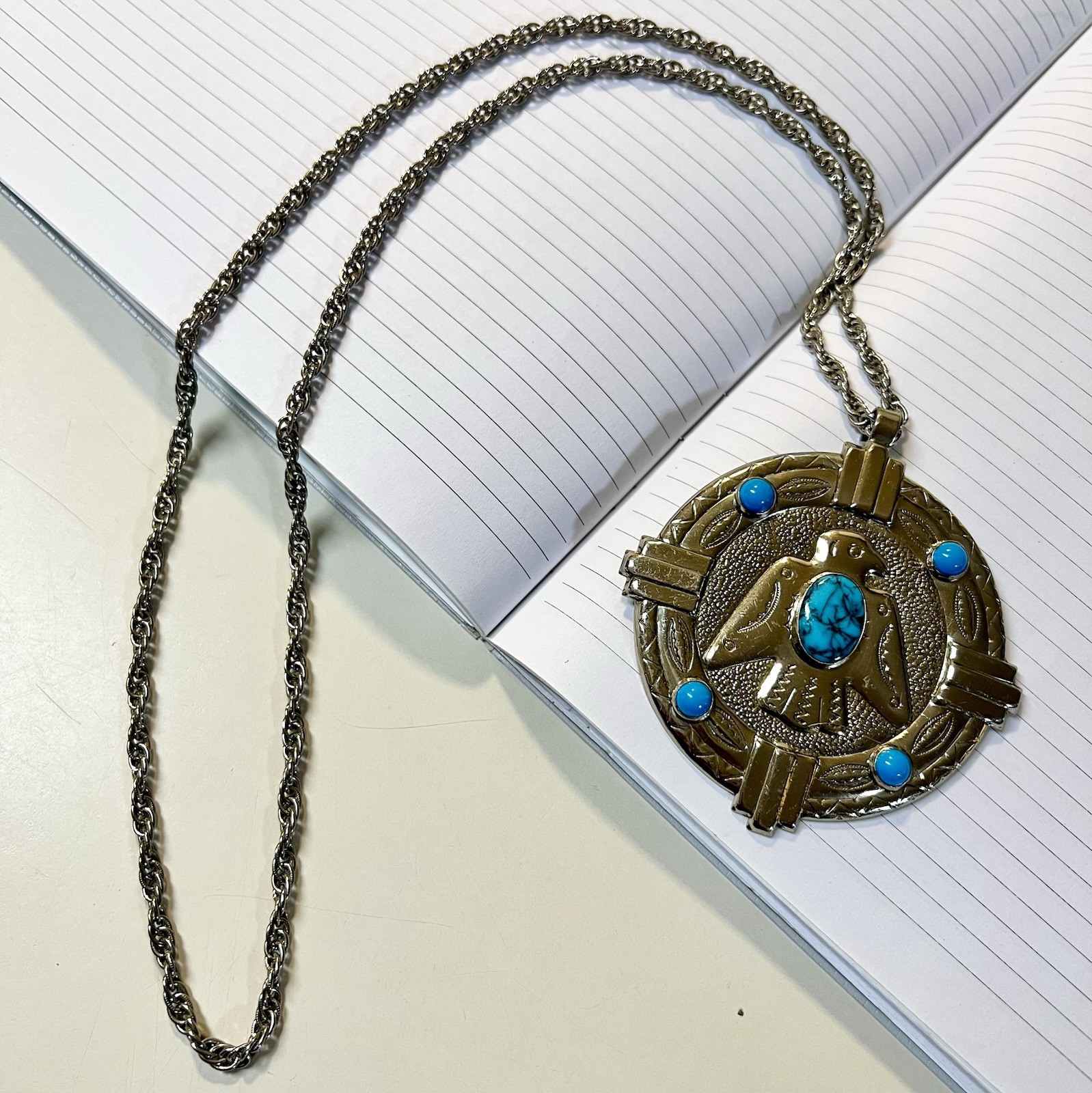 Nickle Silver Bell Vintage Western Navajo Thunderbird Turquoise Pendant Necklace