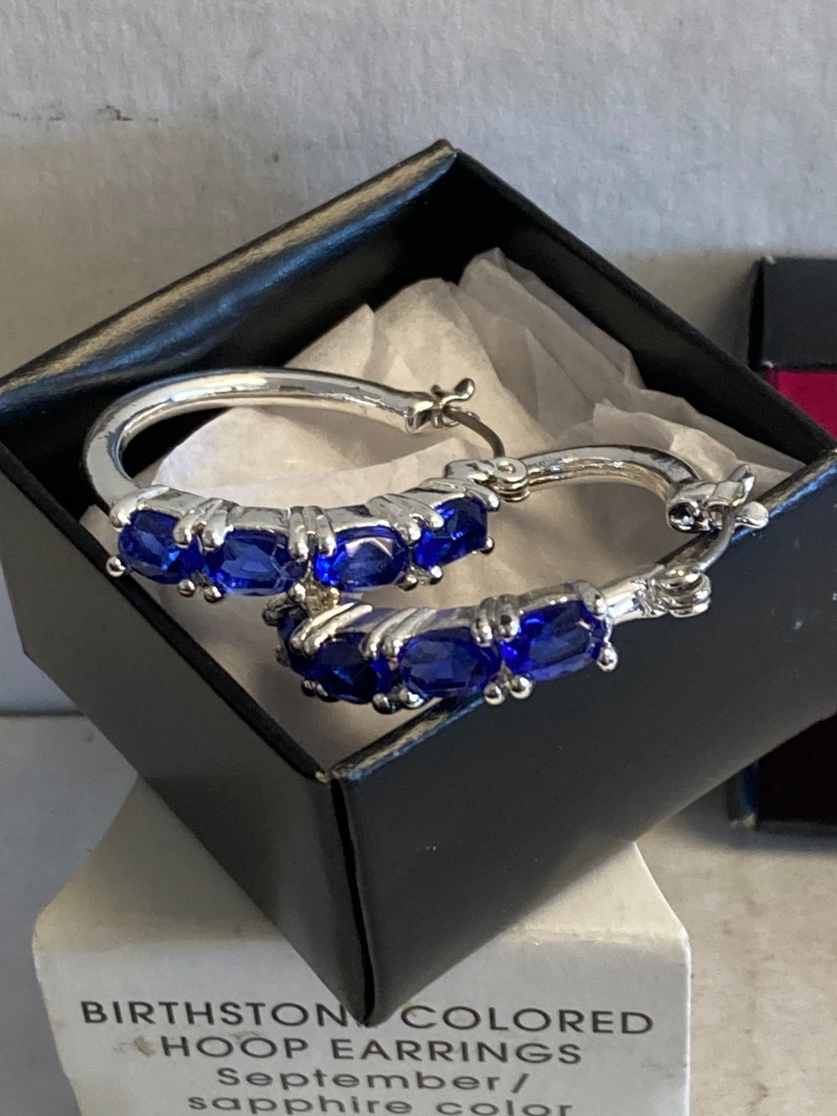 New In Box 2010 Avon Birthstone Colored Hoop Earrings September / Sapphire Color