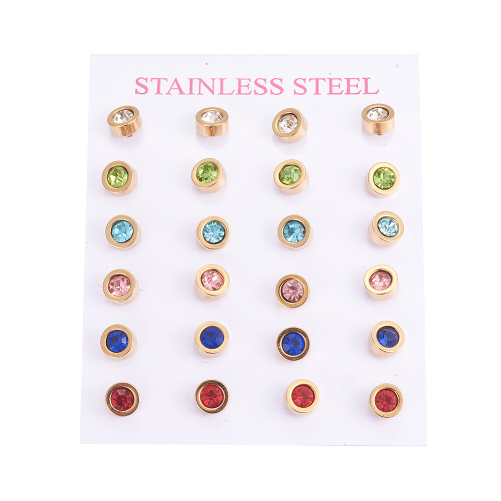 Stainless Steel Ear Studs Rhinestone Flat Round Mixed Color Gold 14mm 6Pair Z389