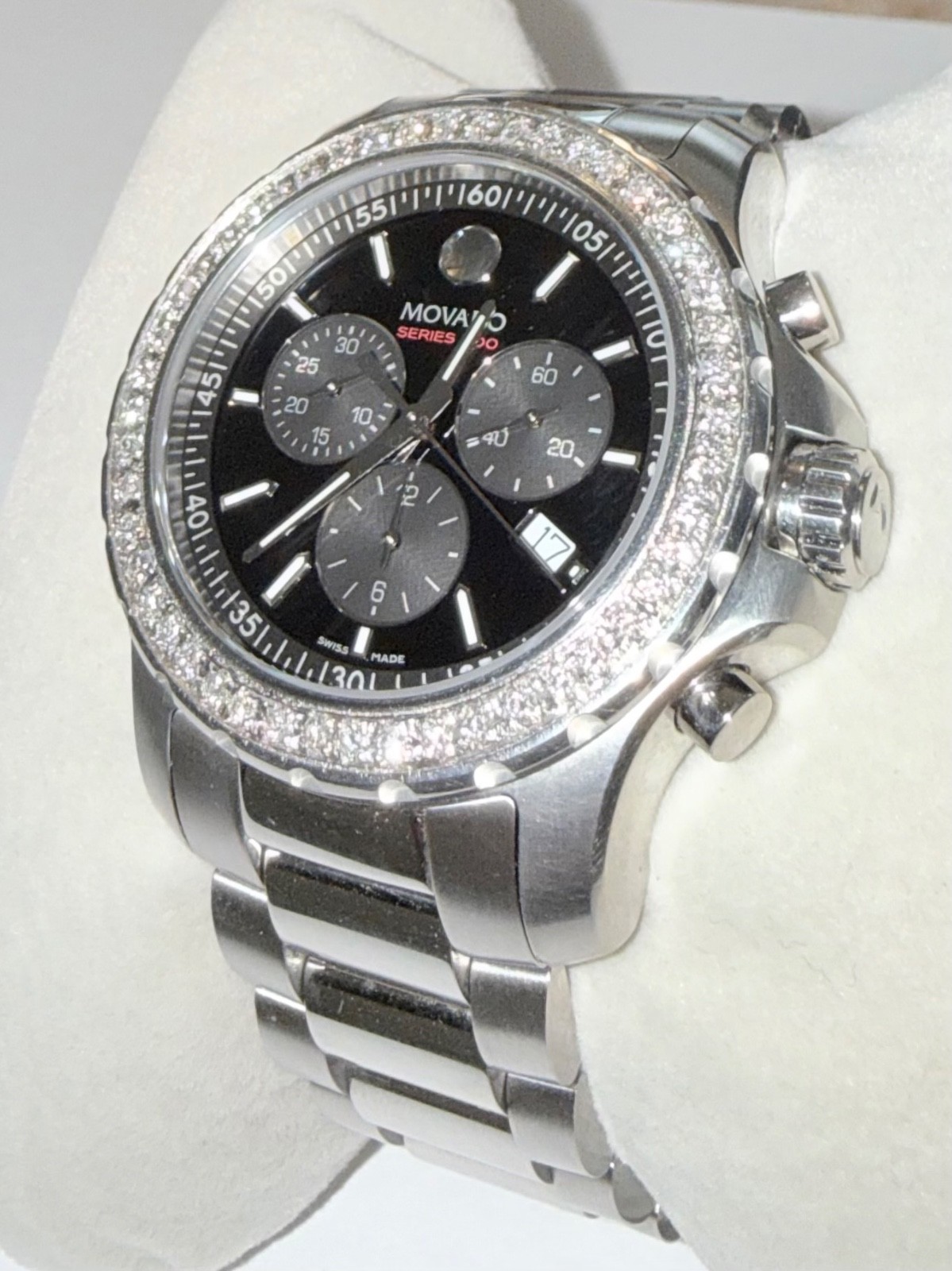 Authentic Movado Men’s Series 800 Chronograph Lab Grown Diamond Black Dial Watch