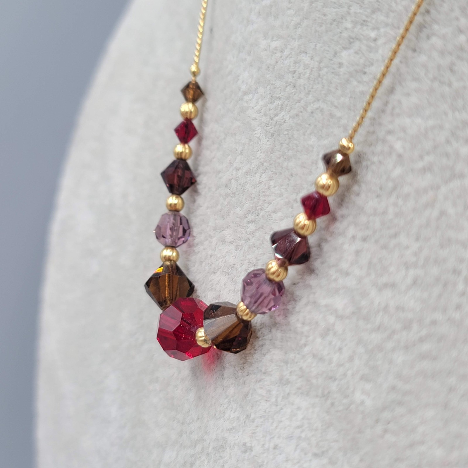 Red Brown Purple Crystal Bead Necklace Gold tone Chain 16″-19″
