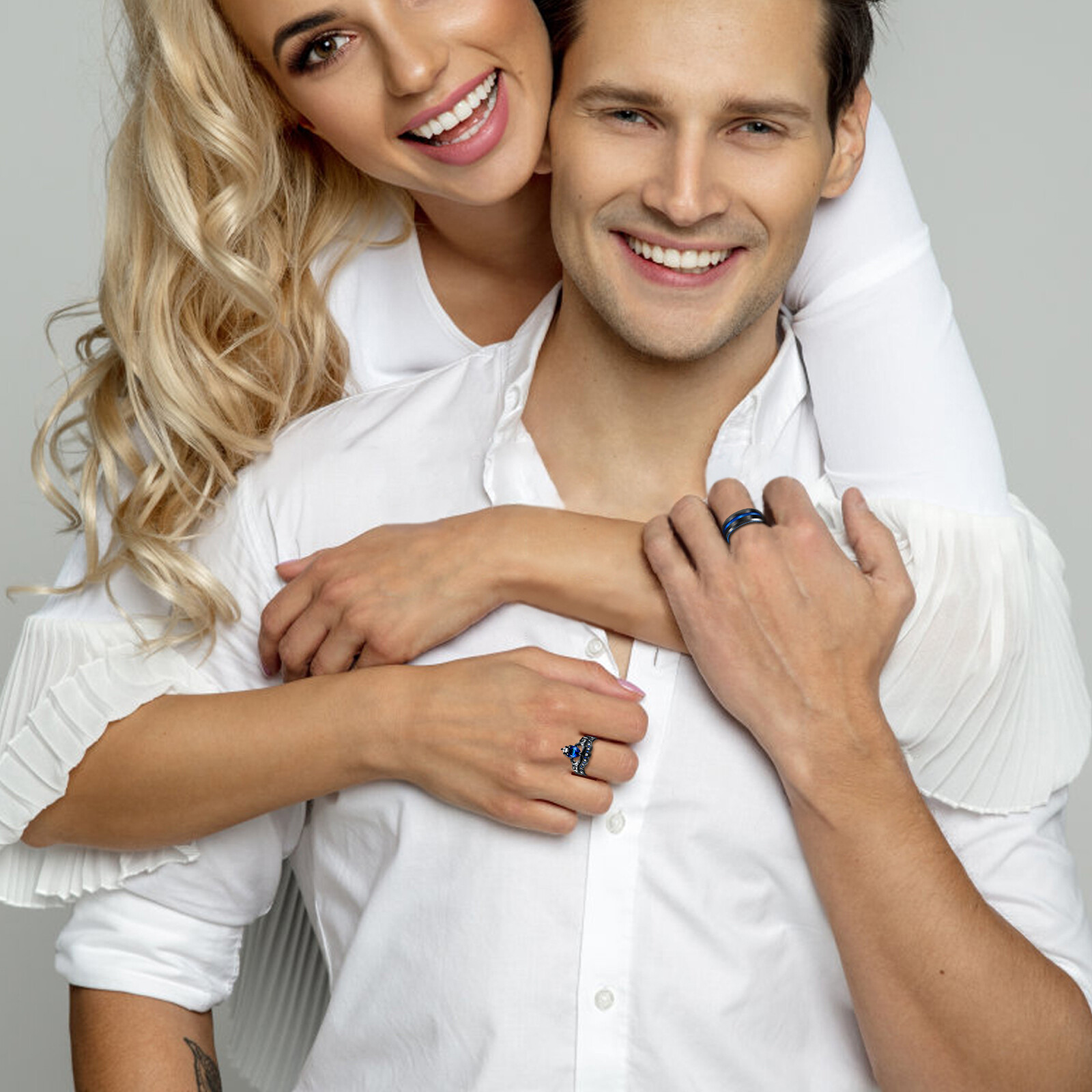2pcs His&Hers Couple Ring Set Heart Cubic Zirconia Stainless Steel Wedding Band