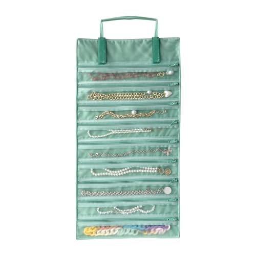 Velvet Travel Jewelry Case Roll Bag Organizer for Necklace, 9 Zipped Ice Green