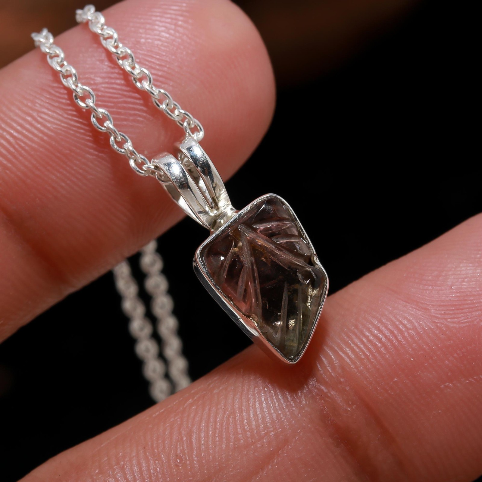 Natural Tourmaline Leaf Chain Pendant 925 Sterling Silver Jewelry Gift For Lover