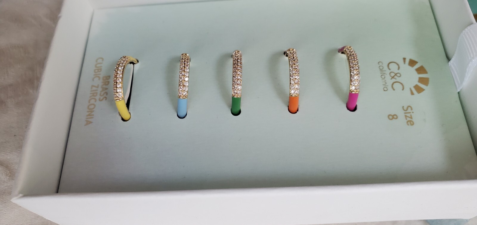 C & C California RING SET Colorful Enamel Brass Cubic Zirconia 5 Rings NEW SZ 8