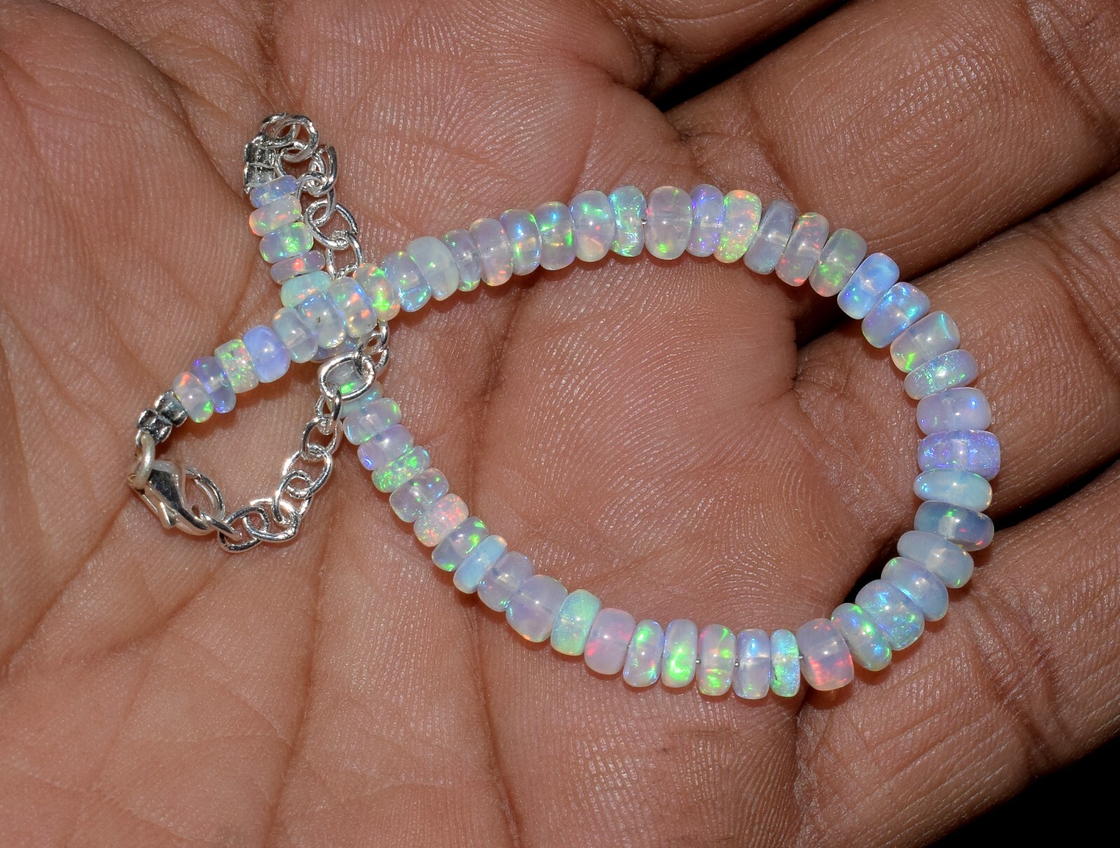 925 Sterling Silver Natural Ethiopian Opal Gemstone Beads 7″Bracelet F1728