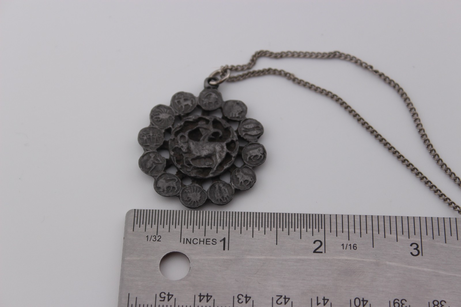 Vintage pewter Capricorn astrology zodiac sign Horoscope pendant necklace 18″