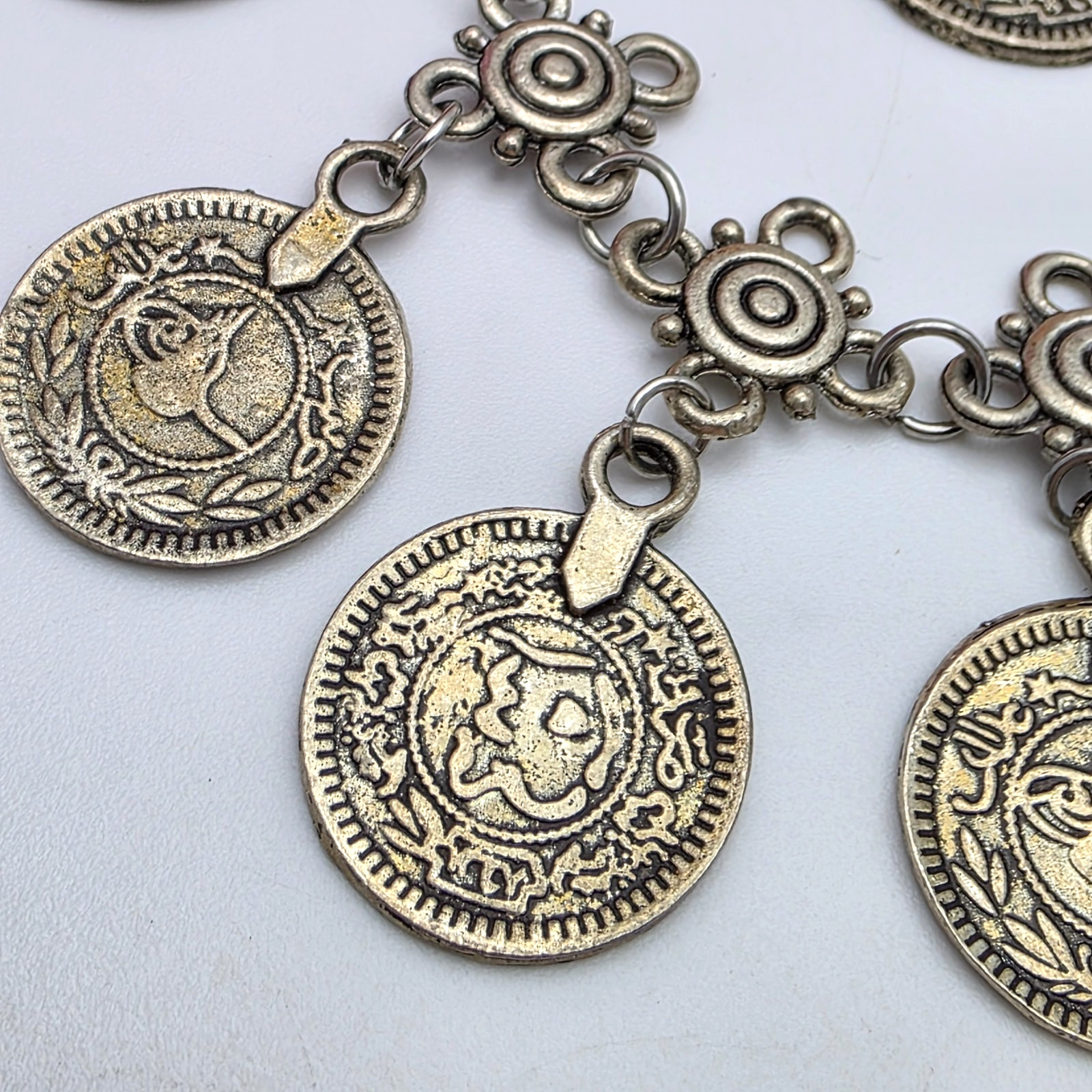 Boho Ottoman Style Coin Charm Bracelet Silver Tone Dangle 7 To 9.5 In Adjustable