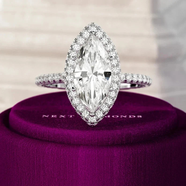 White Moissanite 3.90 Ct Marquise Cut Halo Engagement Ring 925 Sterling Silver