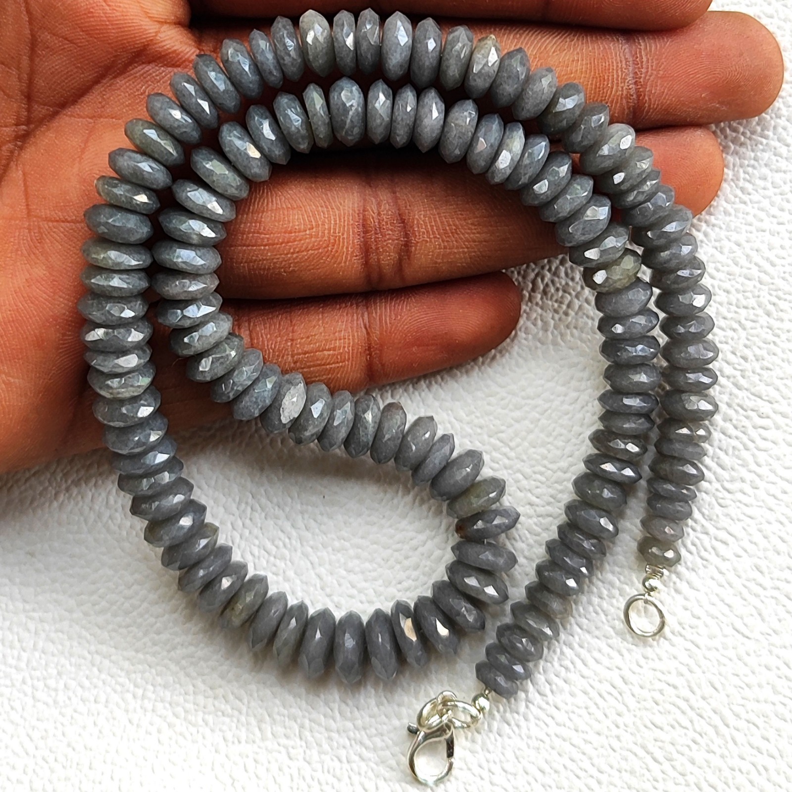 16.5″ Natural Grey Moonstone Gemstone Necklace 7-9mm Faceted German Cut Beads
