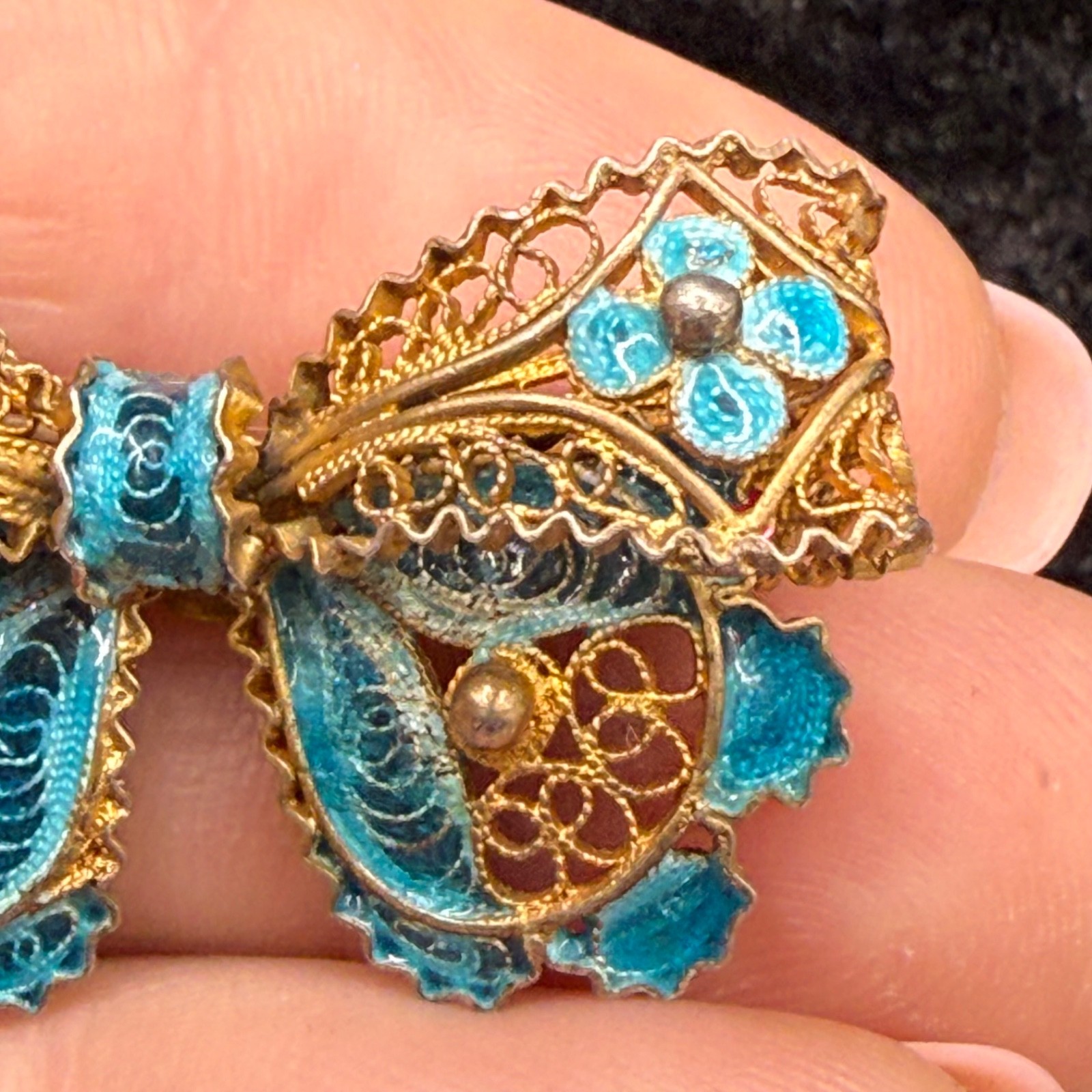 Vintage Chinese Export Brooch Bow 800 Silver Enamel Blue