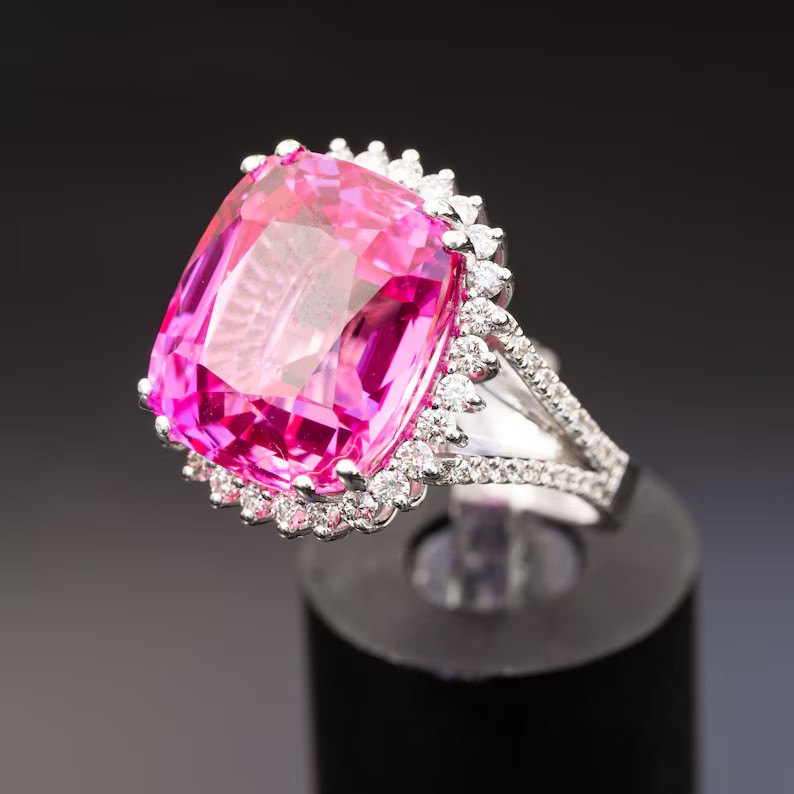 12.70 Ct Cushion Natural Pink Sapphire Diamond B’day Ring 14K White Gold Size 7