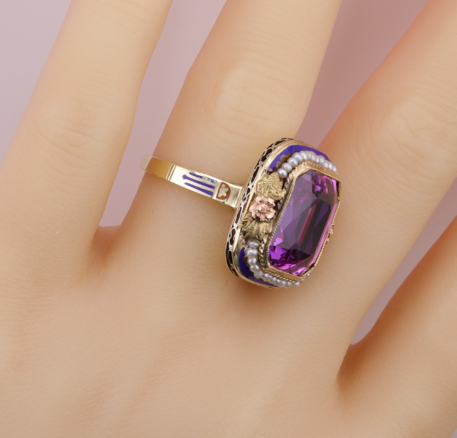 Spectacular Antique 14K Pink Sapphire and Enamel Ring 8.8 Grams Size 7-1/4