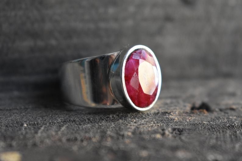 Solid 925 Sterling Silver Natural Ruby Corundum Gemstone Men’s Unisex Band Ring