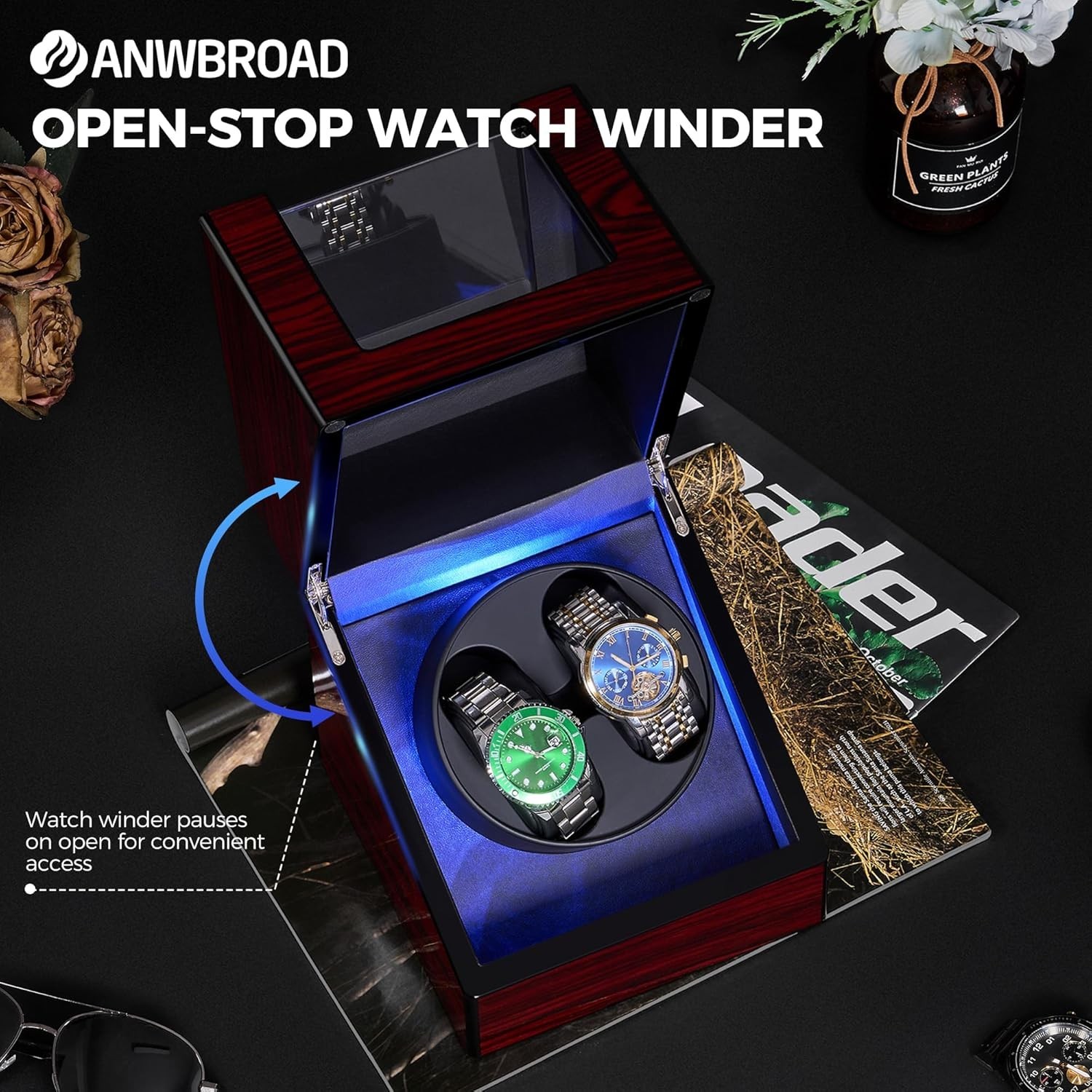 Double Watch Winder with Soft Pillows & 5 Rotation Modes, USB & Battery