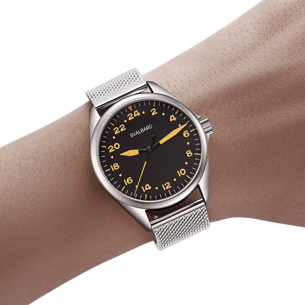 Svalbard DEFENDER GA47 Swiss Quartz Steel Silver Black Leather 24h Men’s Watch