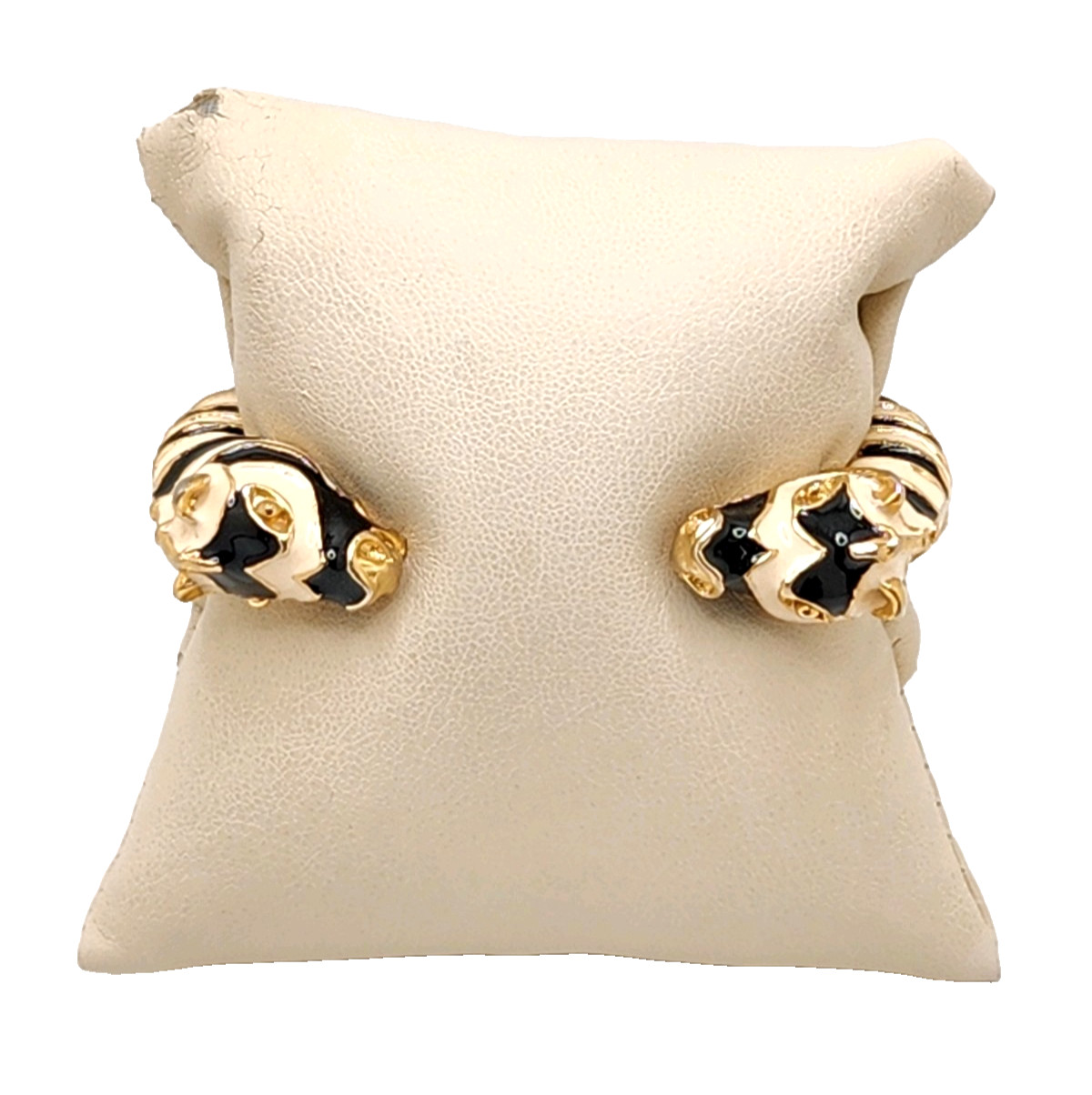 Kenneth Jay Lane Black & Cream Double Zebra Head Enamel Hinged Cuff Bracelet, 6″