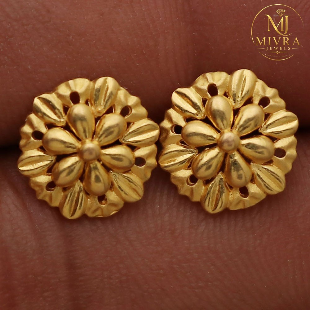22K Print Gold Stud Earrings 1.2cm Half-Sister Columbus Day Gift 2.8g