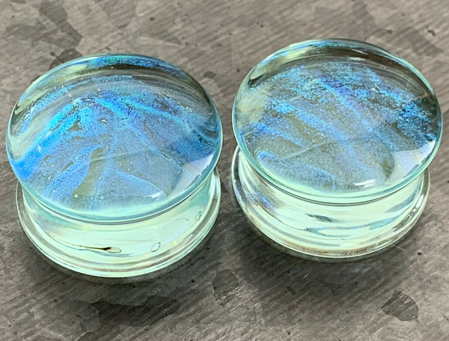 PAIR Blue Green Ocean Iridescent Glass Double Flare Plugs Gauges Body Jewelry