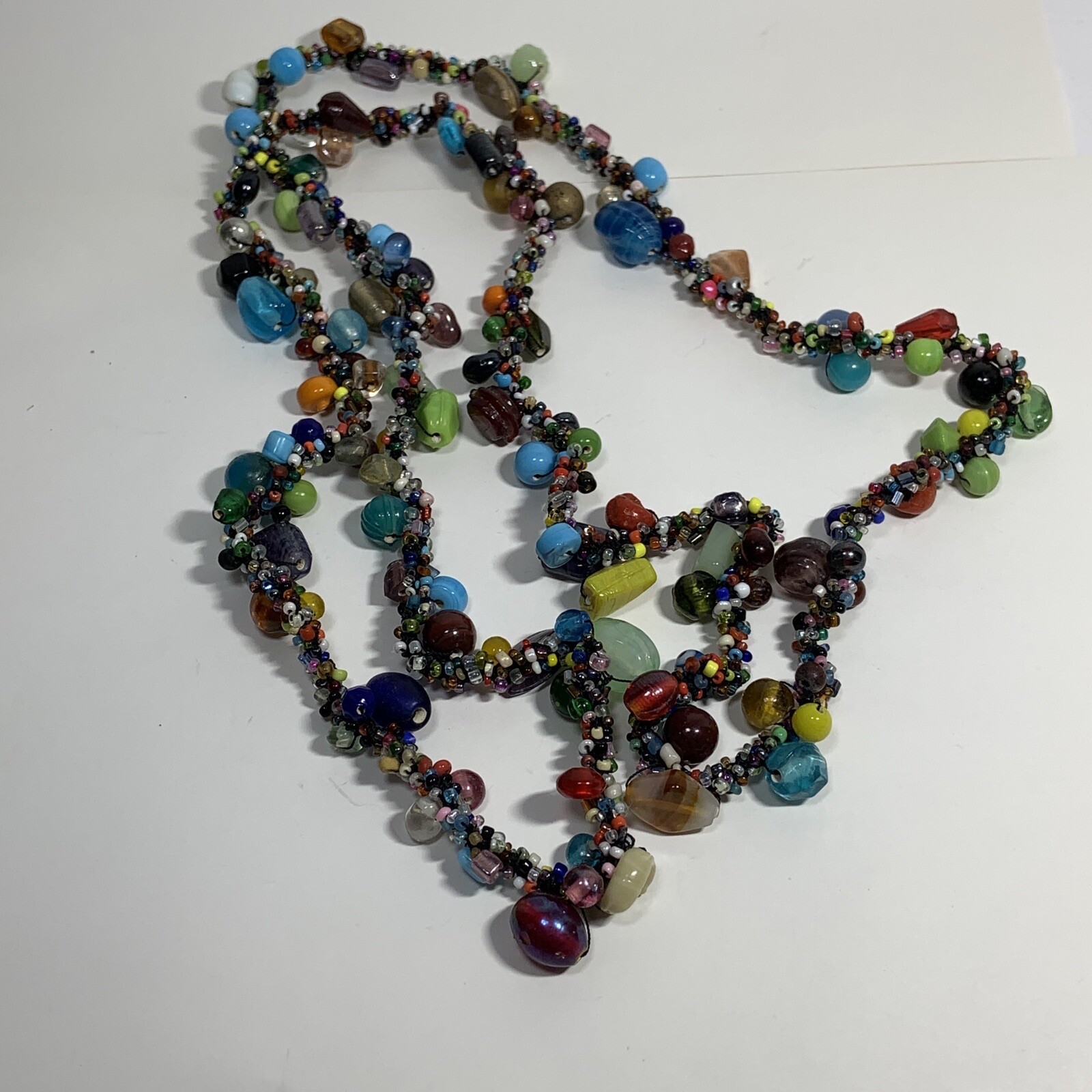 HANDCRAFTED Art Glass Seed Bead TWIST WRAP NECKLACE Multi Color EXTRA LONG 48″