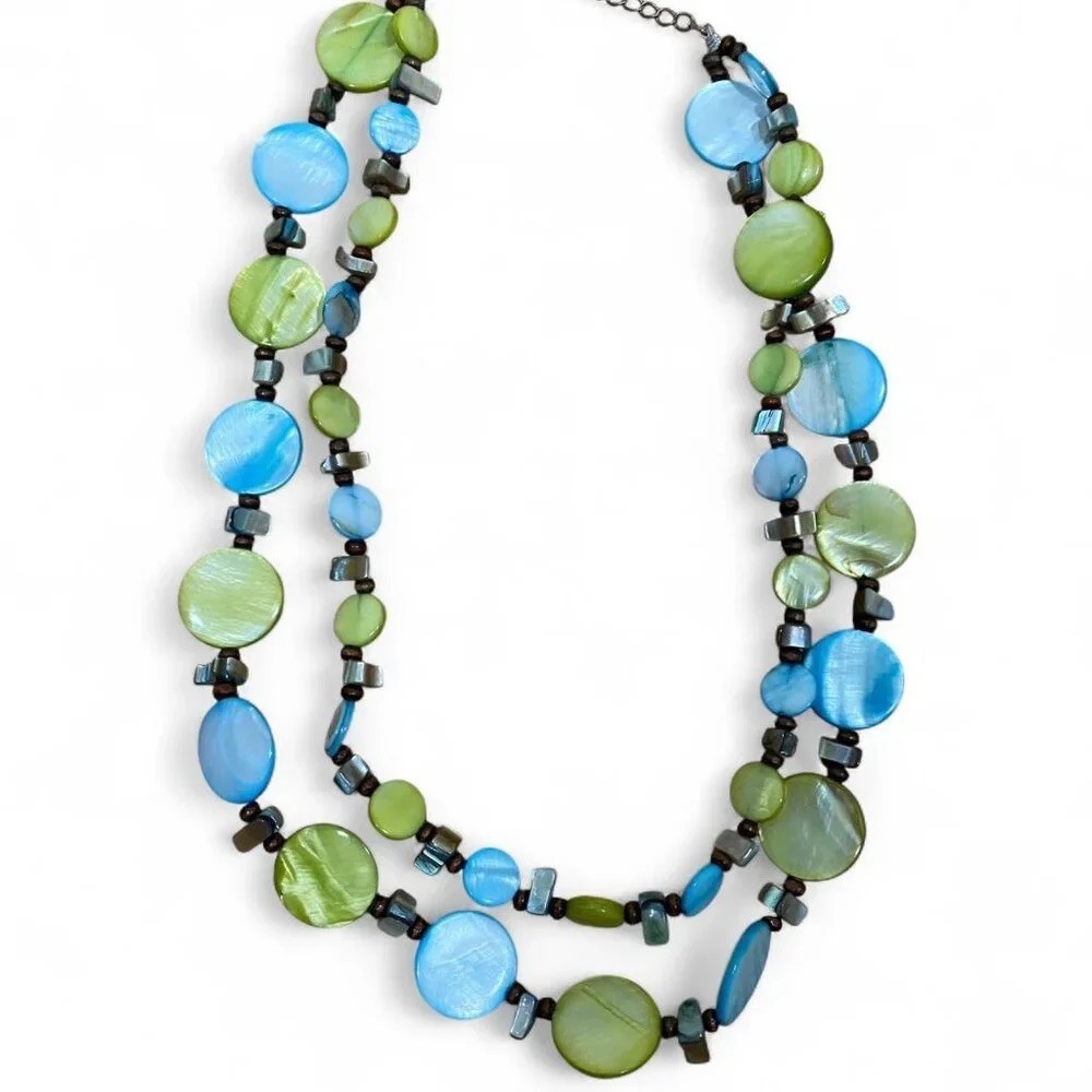 Vintage layered beaded necklace in shades of blue, green, and earthy brown