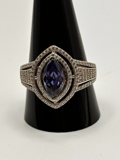 PJM Sterling 11.5×6.2mm Marquise Natural Iolite Quartz Accent Ring Size 10.5 6.2