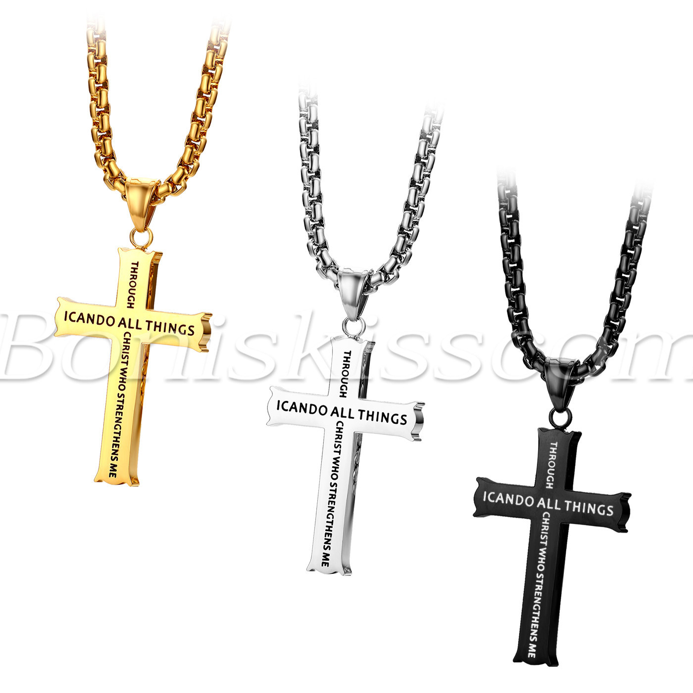 Men Stainless Steel Philippians 4:13 STRENGTH Bible Verse Cross Pendant Necklace