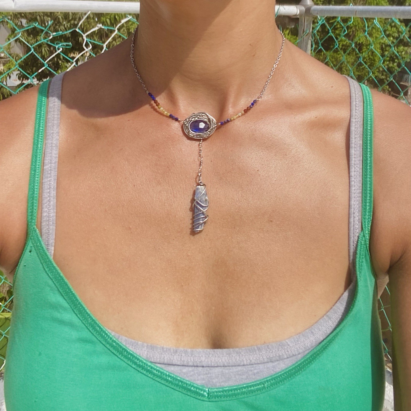 Handcrafted Wire Wrapped Blue Tanzanite Oval Pendant Beaded Necklace Steel Chain