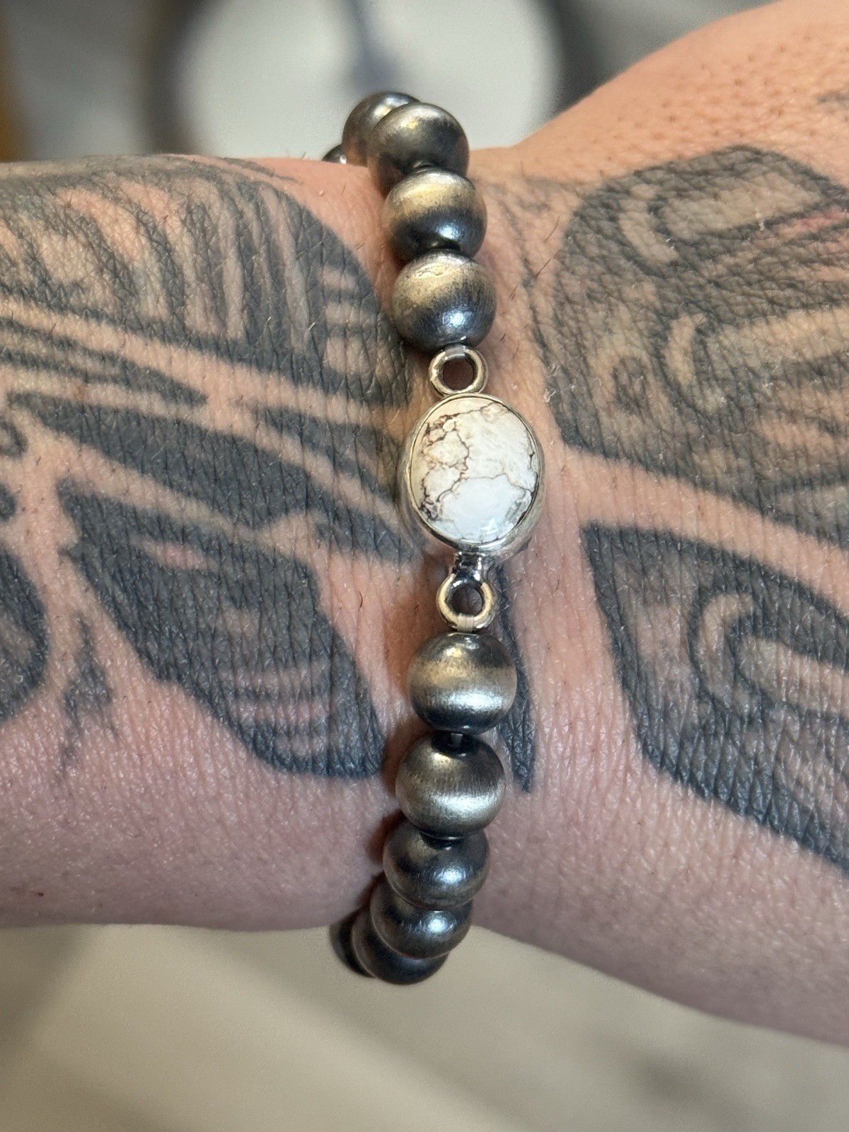 STERLING SILVER 7mm STRAND NAVAJO PEARL WILD HORSE STRETCH BRACELET .925 6-6.5”