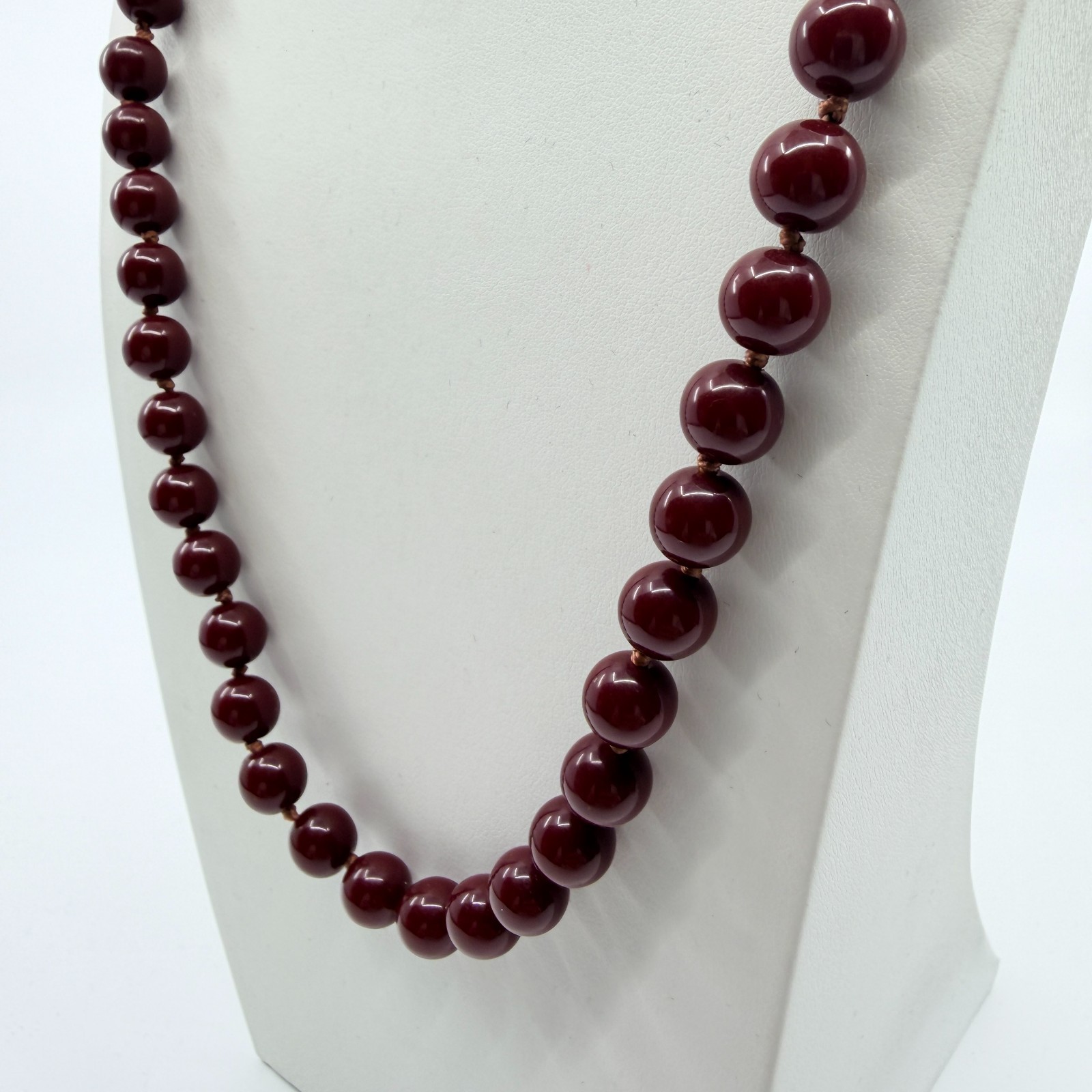 VTG Burgundy Red Glass Simulated Pearl Knotted Strand Necklace Boho Retro