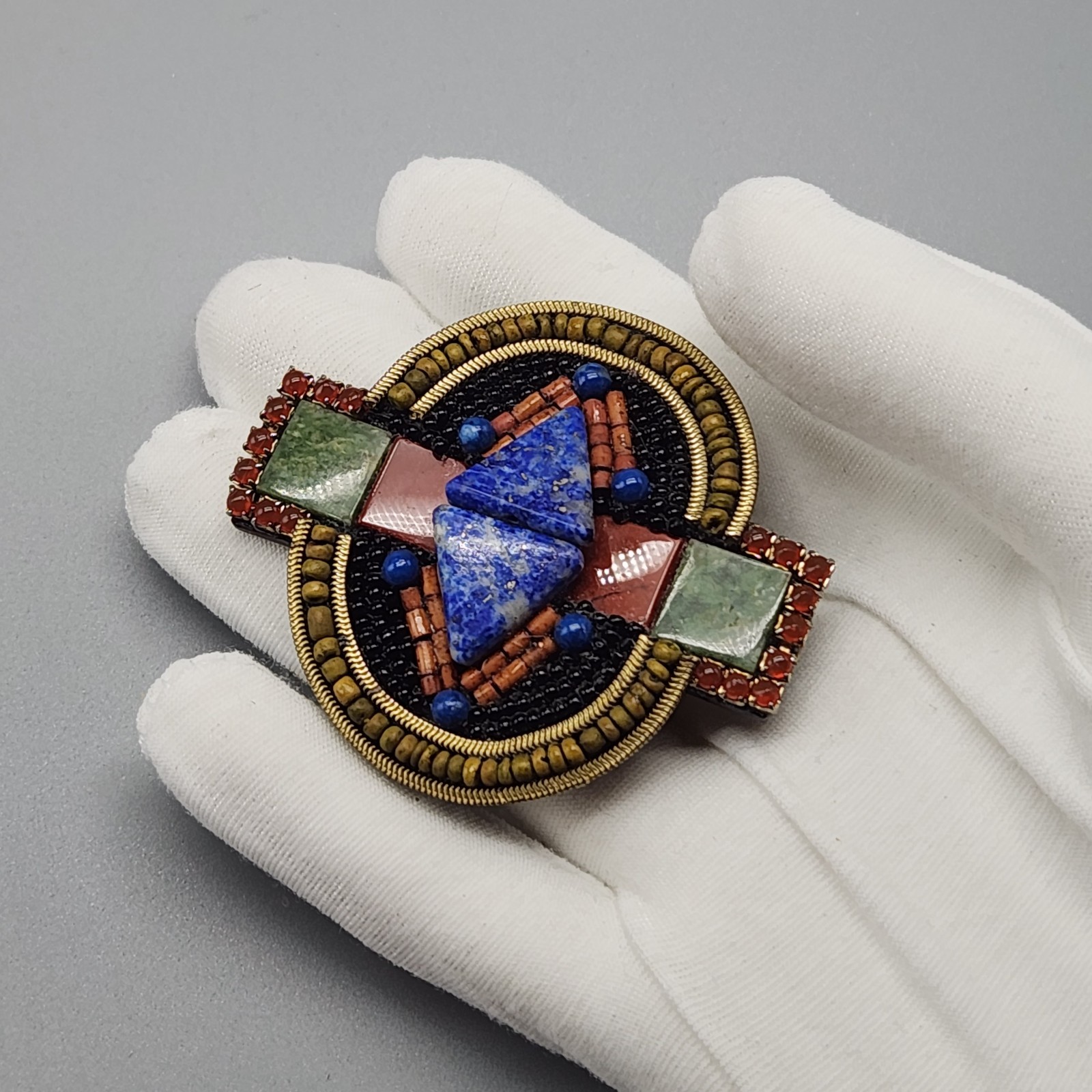 Vtg Brooch High End Rare Tribal Runway M&J Hansen Lapis Beaded Geometric Large