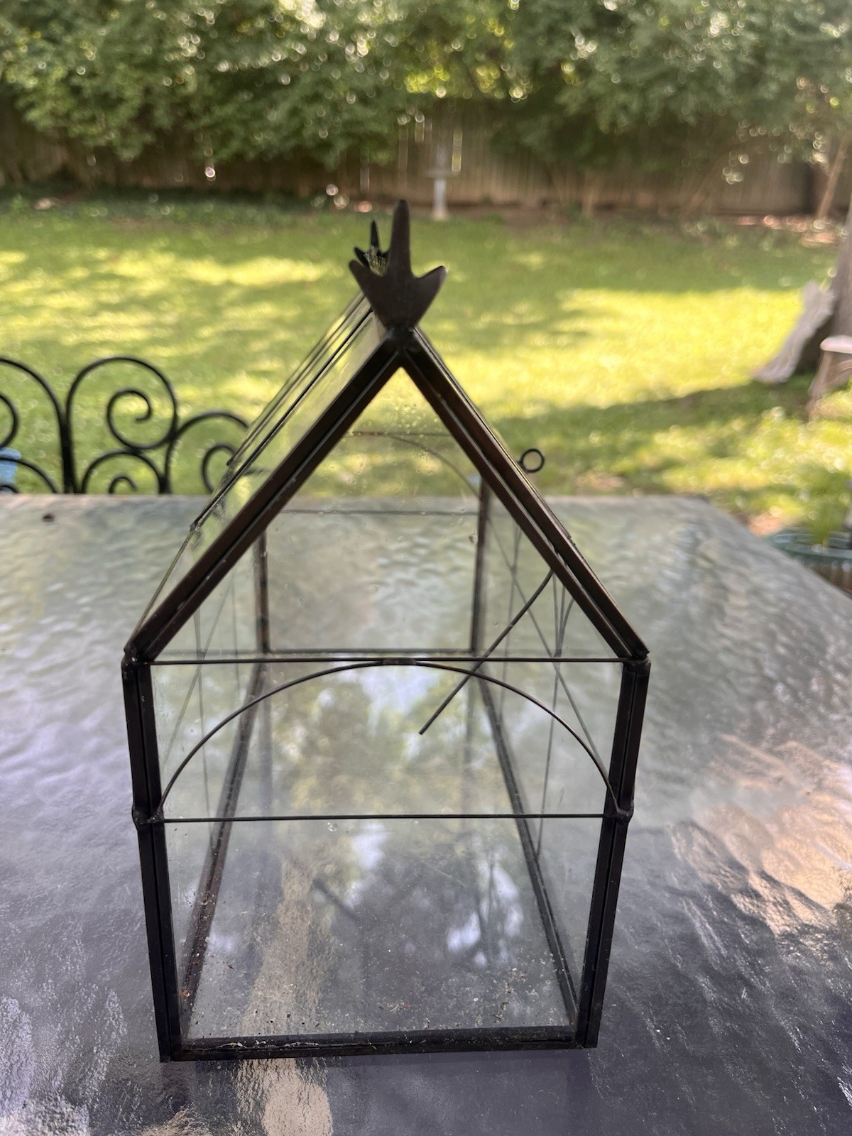 House-Shaped Glass & Metal greenhouse for plants, Black/Clear, 10 inches