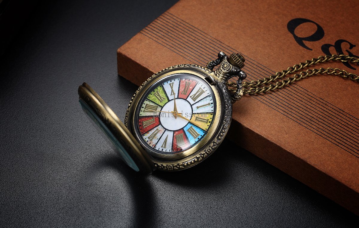 Retro Bronze Tone Wheel Rome Steampunk Quartz Pocket Watch Pendant Necklace