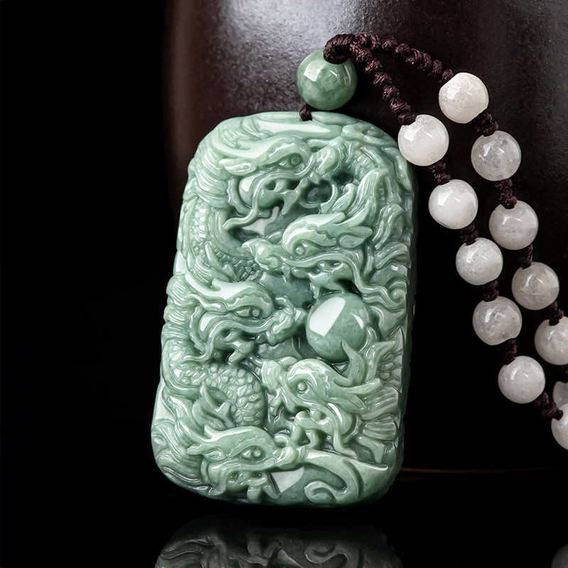 Natural Green Jade Jadeite Beads Carving Nine Dragons Blessing Pendant Necklace