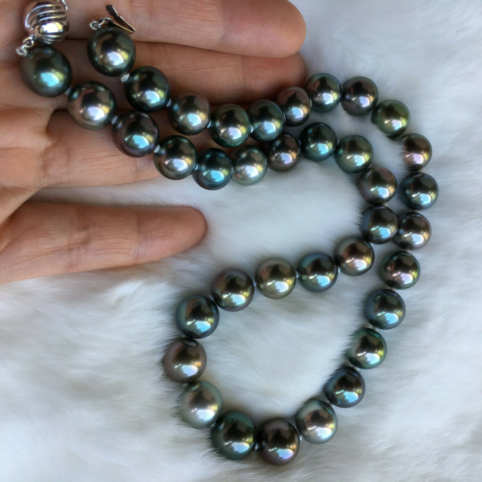 Rare Multi-gray Peacock black Tahitian Pearl 10-11.6mm Top Quality Necklace 43cm