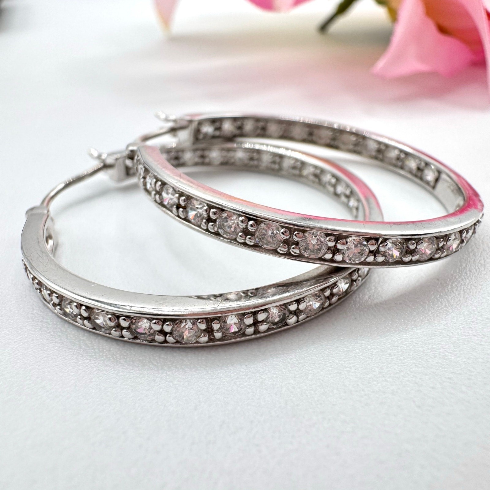 925 Sterling Silver CZ Front Back Hoop Earrings Acid Tested Signed 1 1/4” 7.36 g