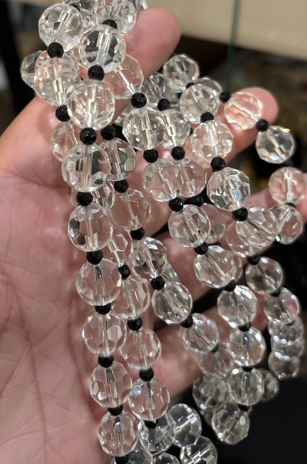 Breathtaking Clear Black Crystal Bead Long Necklace Quality Unsigned 52”!!