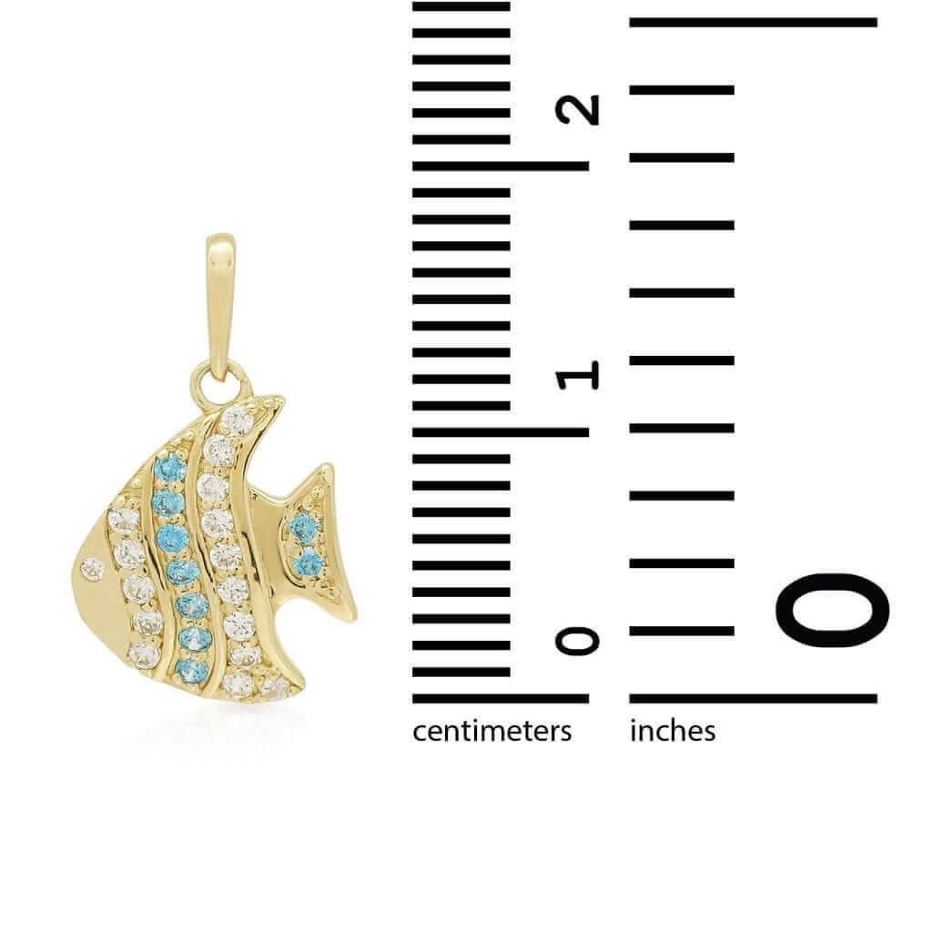 14K Yellow Gold White Gold 0.20Ct CZ & Aquamarine Fish Pendant