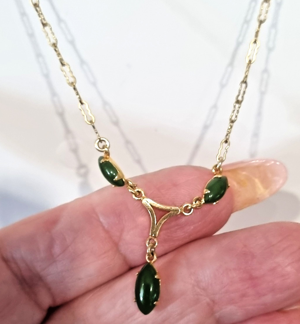 Vintage Rare Collectible c1940s -50s ART 12k gold fill Real Jade Necklace Video
