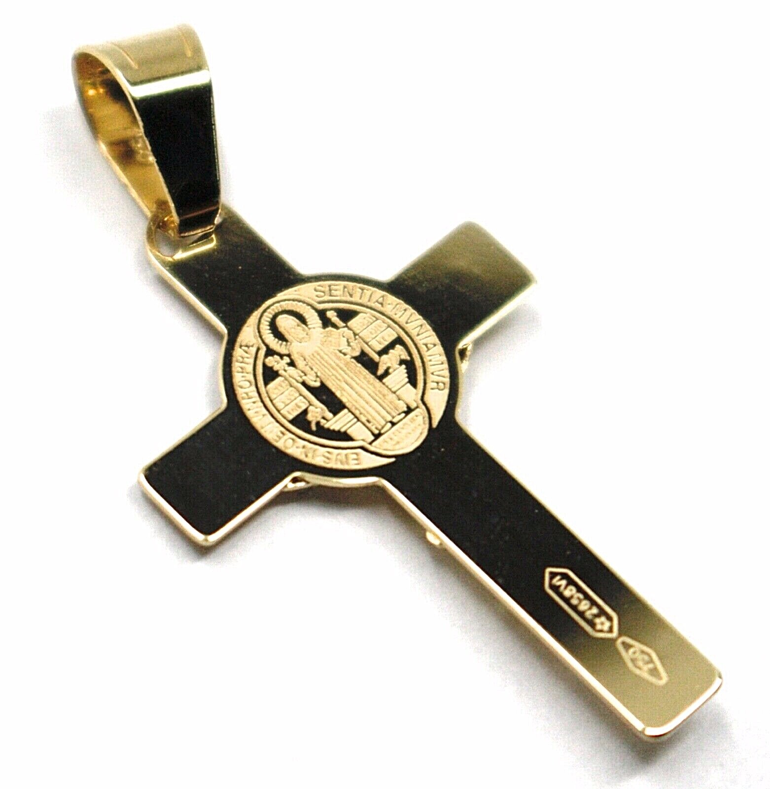 SOLID 18K YELLOW GOLD FLAT CROSS WITH JESUS & SAINT BENEDICT MEDAL, 28 mm