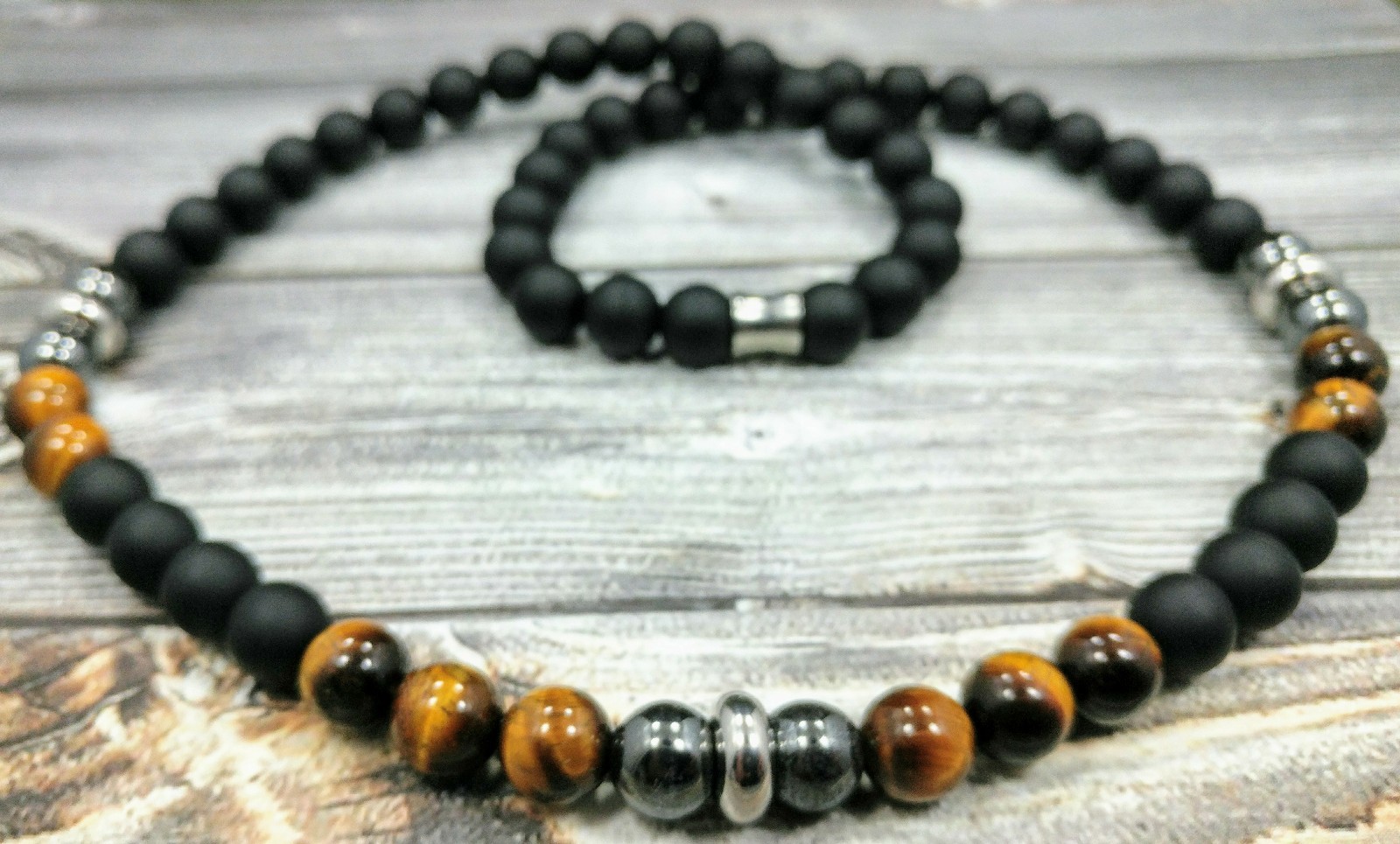 24″L STAINLESS STEEL 10mm Tigers Eye+Onyx+Hematite Gemstone Beaded Mens Necklace