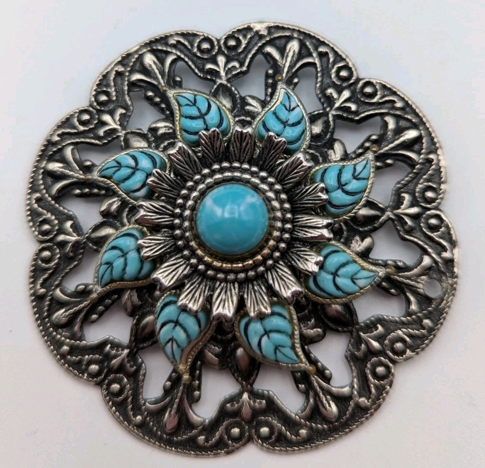 Silver Tone Faux Turquoise Brooch Fillagree 2 3/4 Inch Diameter