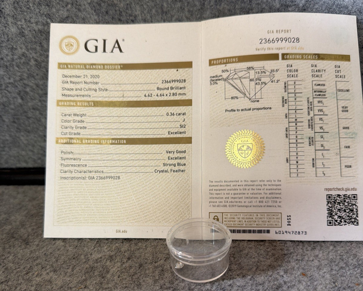 GIA-Graded Diamond 0.36 ct J Color SI2 Clarity, Round Loose Stone