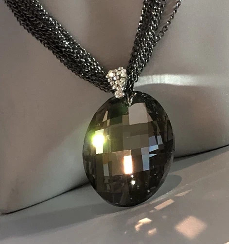 14K Black Rhodium Plated Big Oval Pendant Long Sweater Chain Necklace Gorgeous